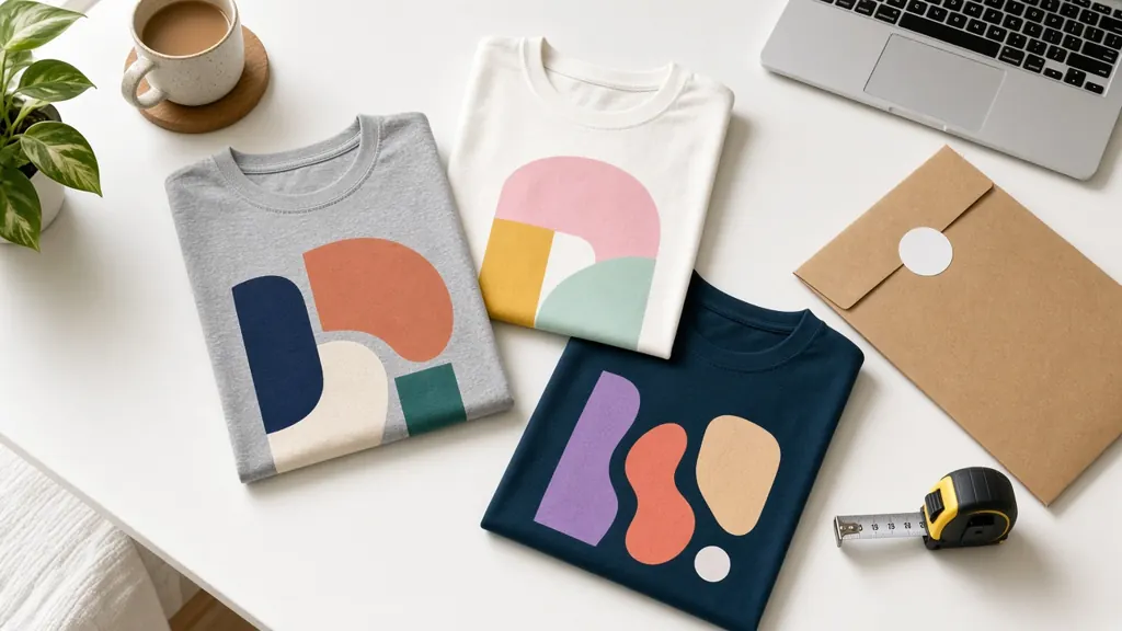 Printed sample t-shirts on a desk